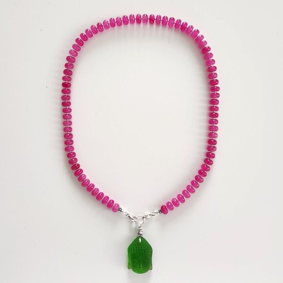 FUCHSIA COLORED JADE NECKLACE  W BUDDHA PENDANT. - Picture 3 of 4
